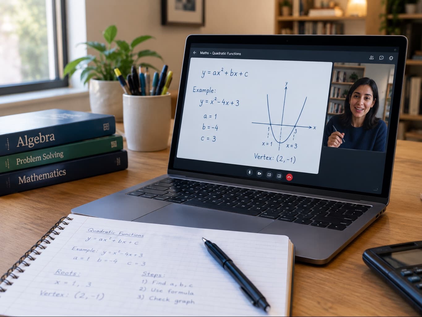 A laptop showing an online lesson with a shared whiteboard, beside a notebook of working