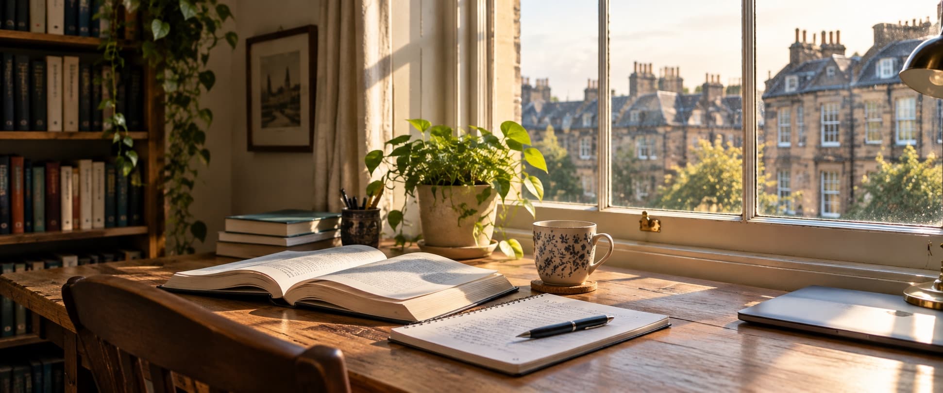 A study desk by a window looking out over a UK terrace of stone townhouses