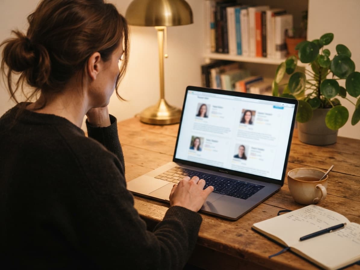 A parent at a laptop browsing tutor profiles, each with a photo